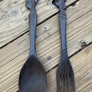 Artisan Carved Dark Brown Spoon and Fork Set